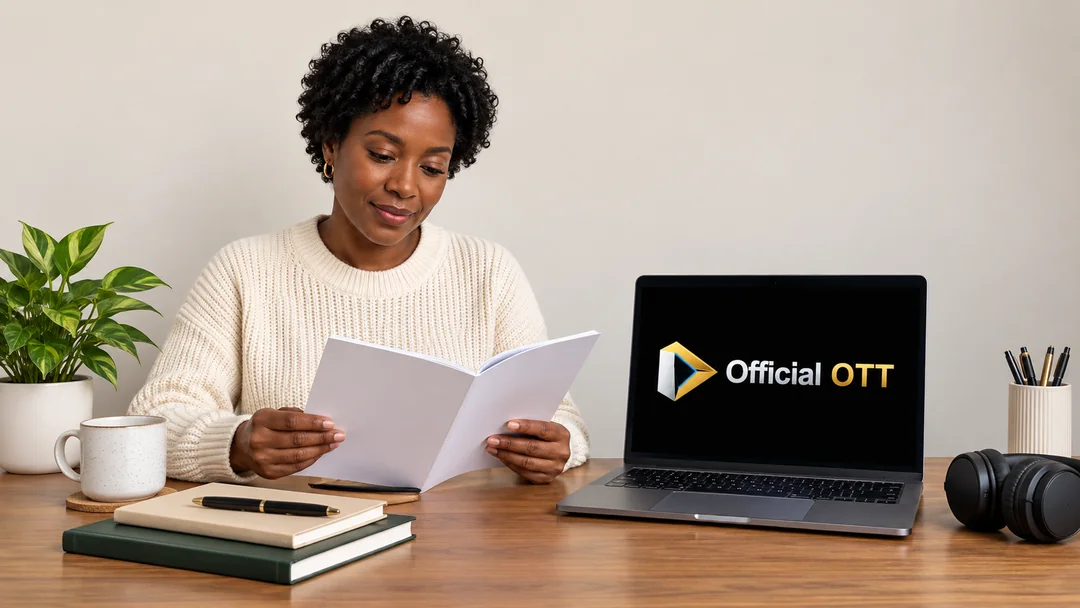 An adult reads a blank booklet beside a laptop