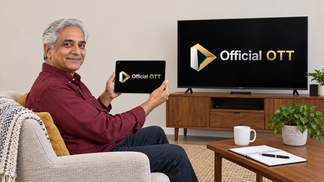 An adult holds a tablet beside a television in his living room