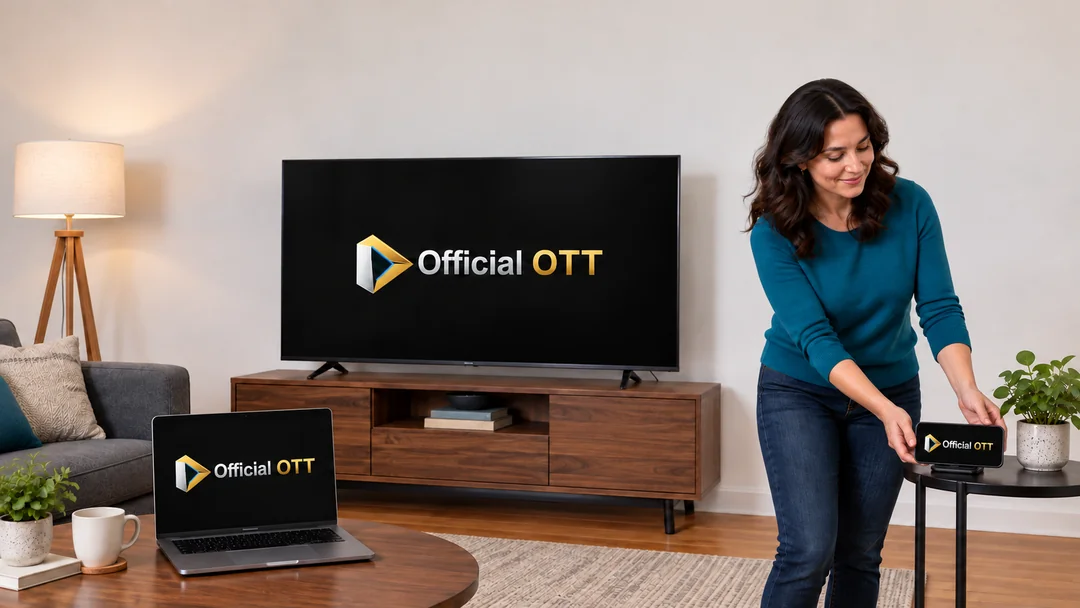 An adult places a landscape phone beside a television and laptop