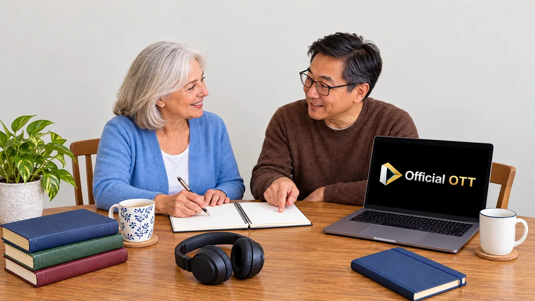 Two adults discuss their music session while making a note beside a laptop