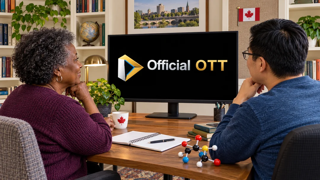 Two adults at a monitor in a home study with a decorative molecular model