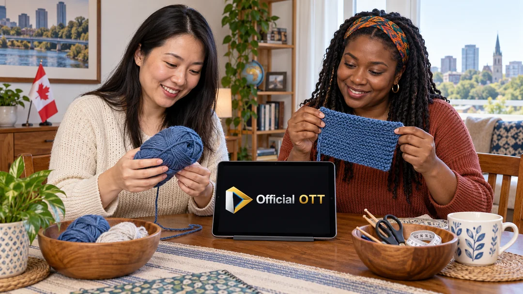 Two adults exploring knitting beside a tablet