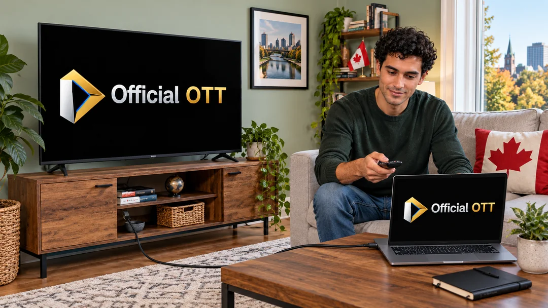 A man checking a television and a laptop linked by a cable
