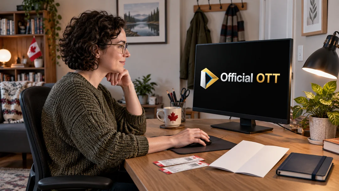 A woman plans an outing at a computer with a notebook and folded sheet
