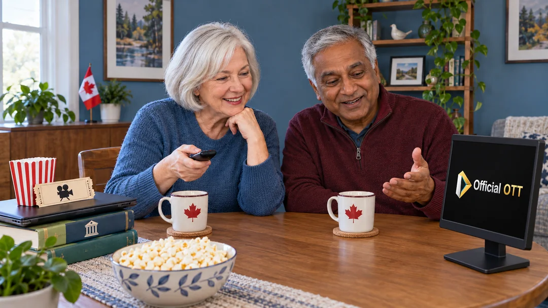 Two older adults check a small screen on a table