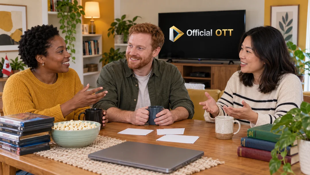 Three adults discuss a film around a table