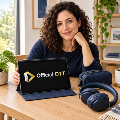 Femme avec une tablette au logo OfficialOTT, un casque et une pochette