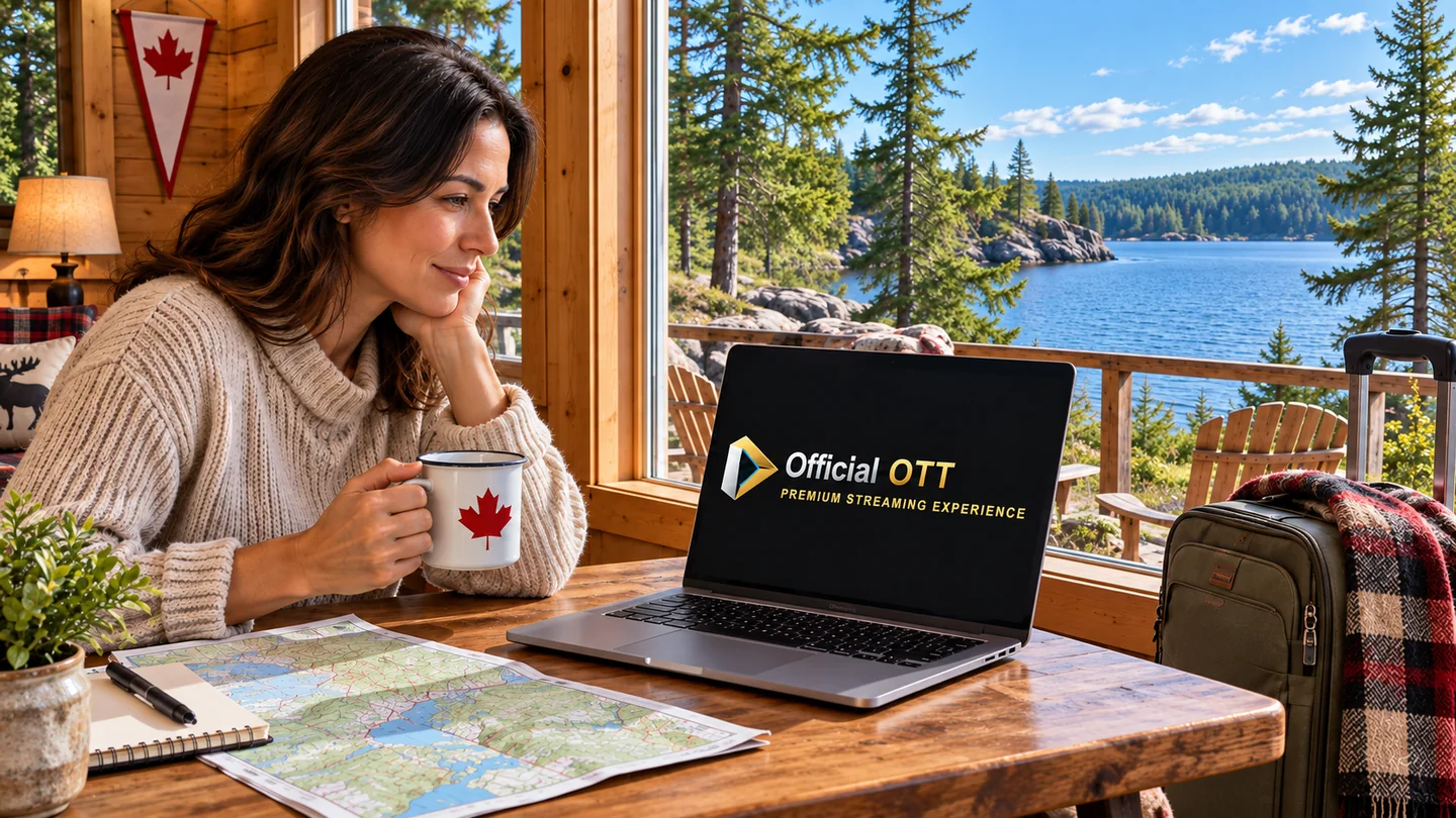 Personne avec un ordinateur portable dans un chalet au bord d’un lac.