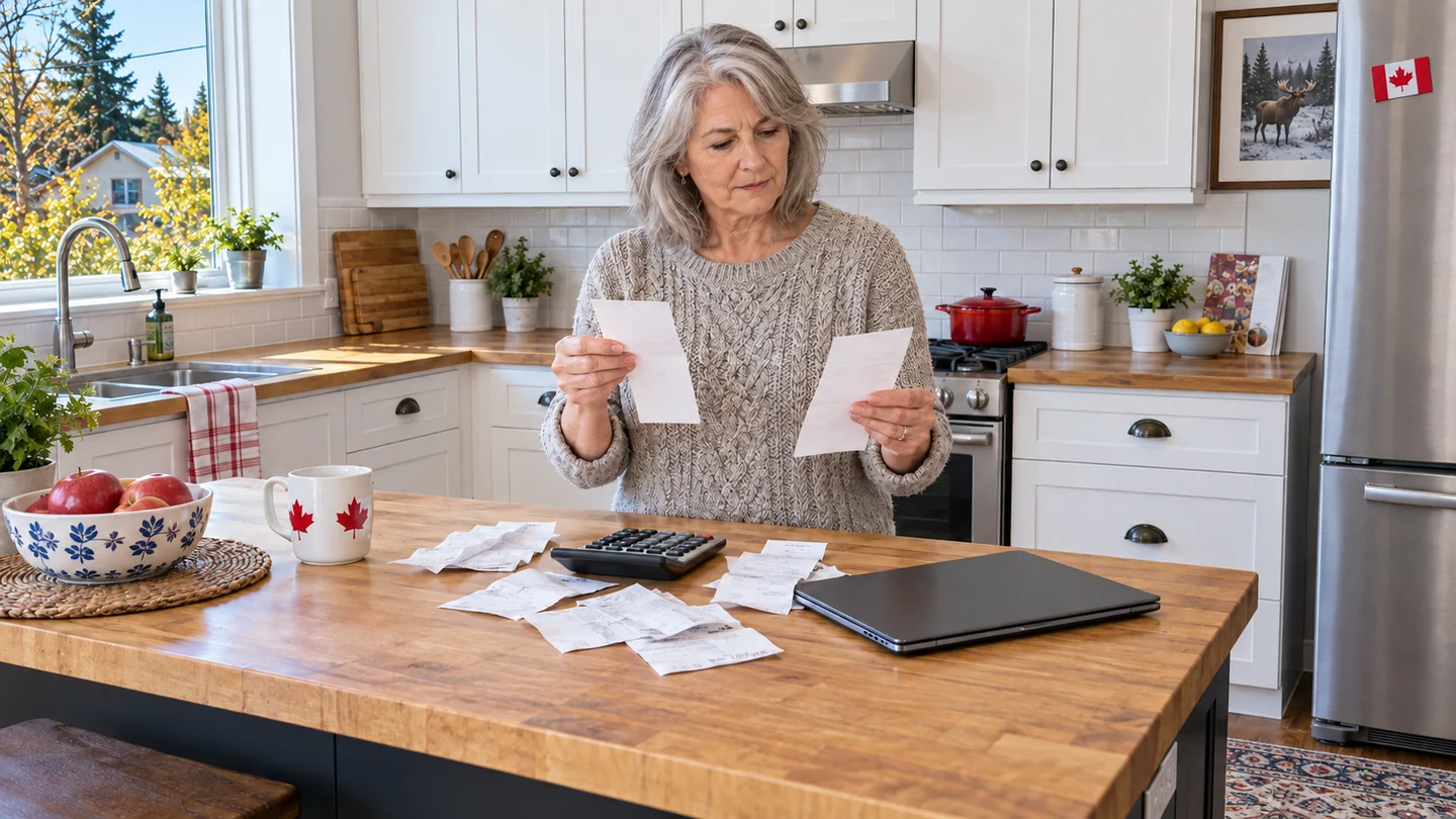 Person examining receipts beside a calculator.