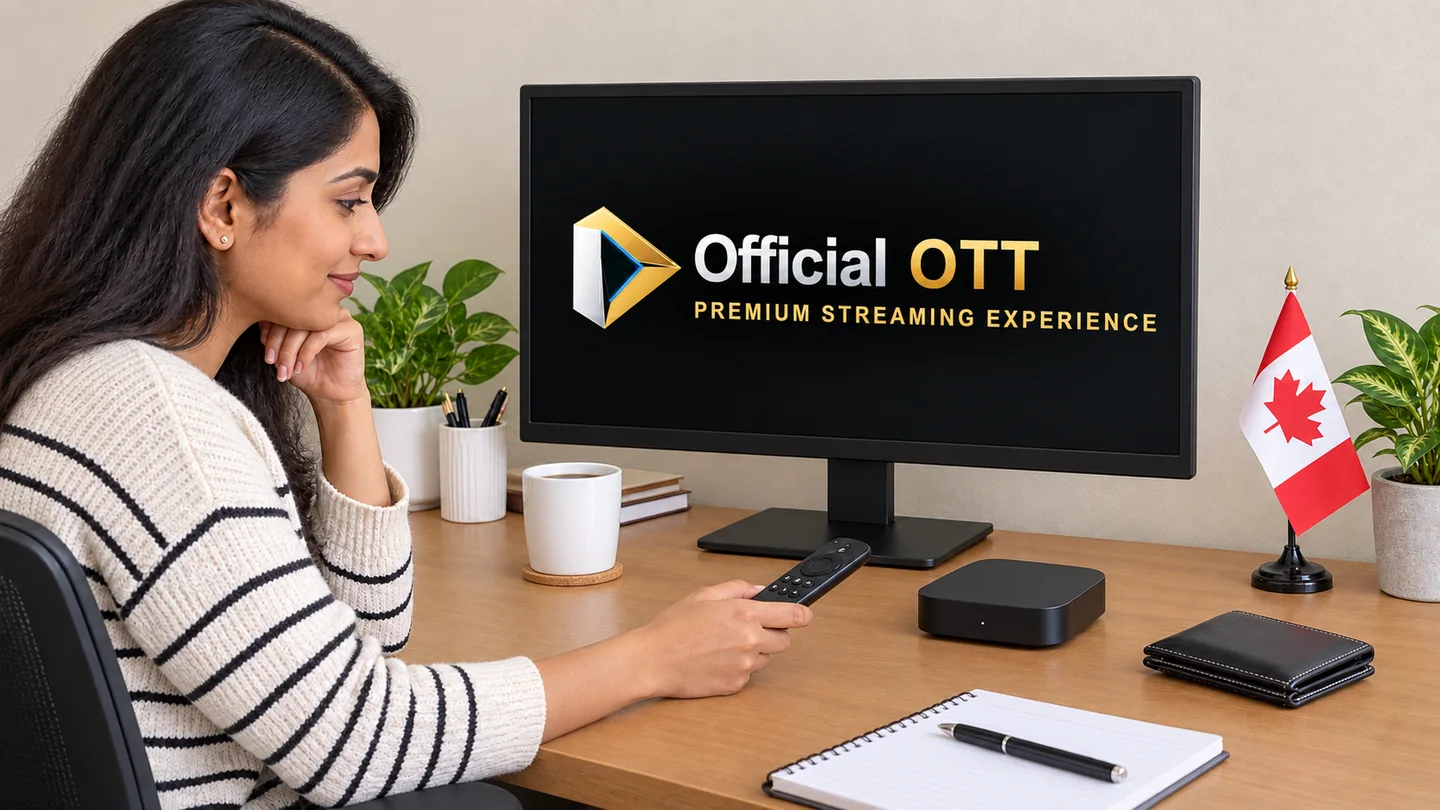 Person beside a monitor, media box and remote on a desk.