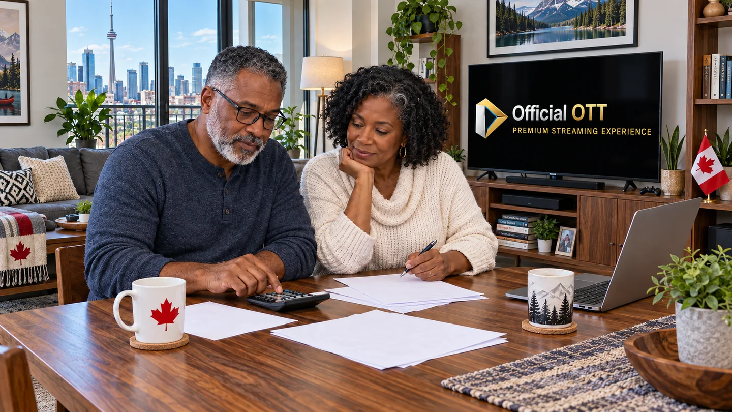 Couple at a table with a calculator and budget sheet.