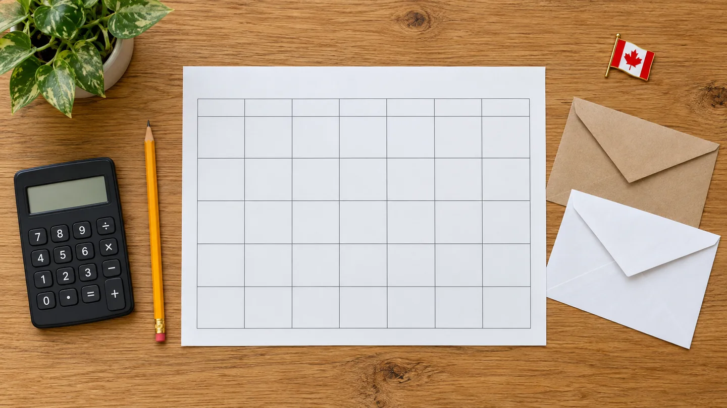 Blank calendar, calculator and envelopes on a table.