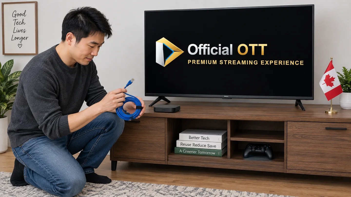 Person checking a media box and cable beside a television.