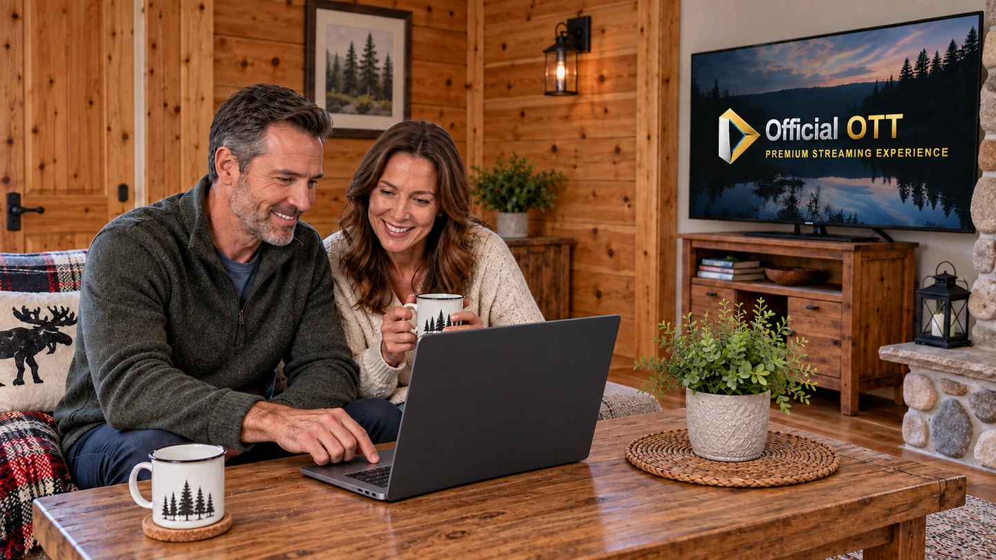 Two adults use a laptop with its plain rear lid visible; the television displays the OfficialOTT logo.