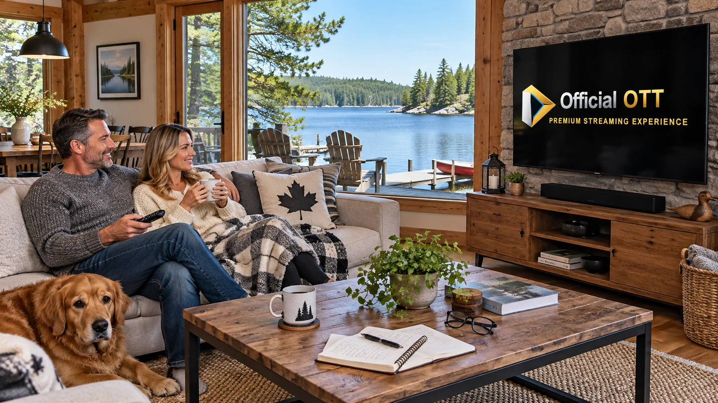 Two adults in a cottage living room with a notebook, a dog and a television displaying the OfficialOTT logo.