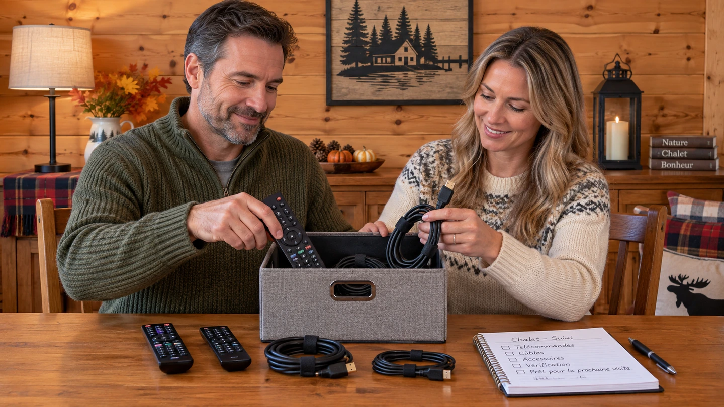 Two adults put a remote and cables into a storage box beside a notebook.