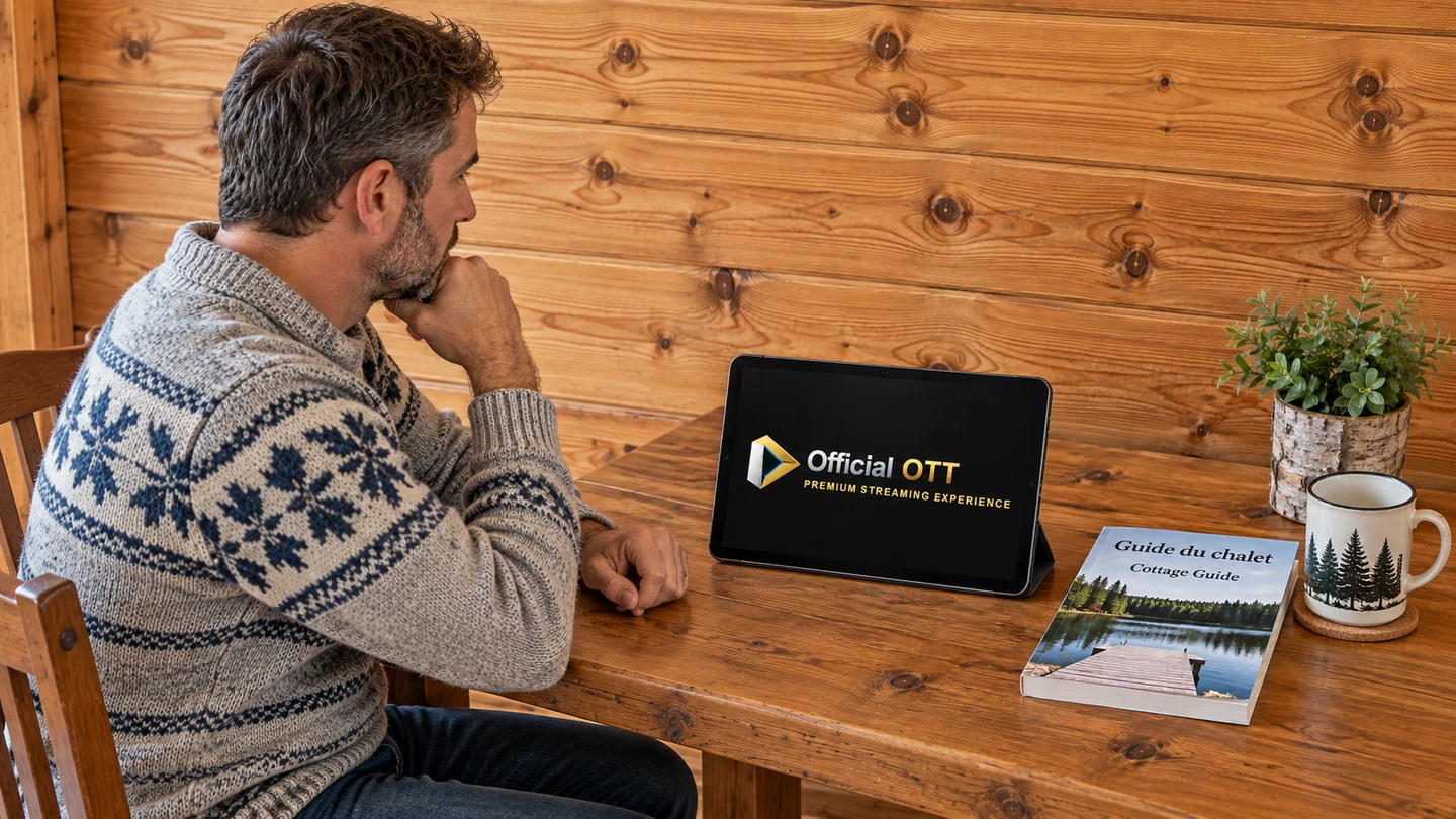 An adult sits in profile beside a tablet displaying the OfficialOTT logo and a closed book.