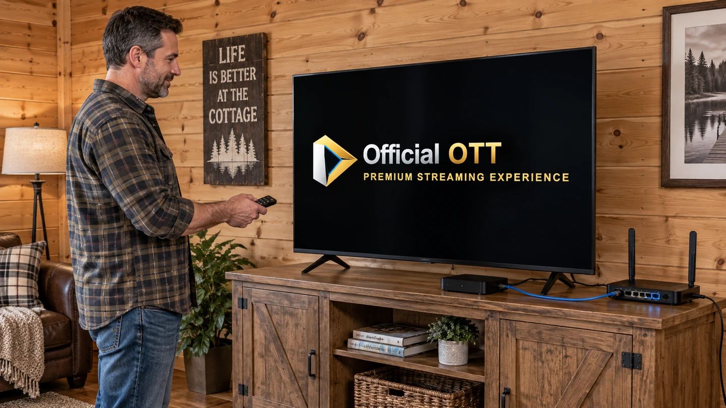 An adult holds a remote beside a television, a router and a network cable.
