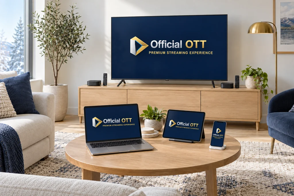 Téléviseur, boîtiers de diffusion, ordinateur portable, tablette et téléphone réunis dans un salon, avec le logo OfficialOTT sur les écrans.