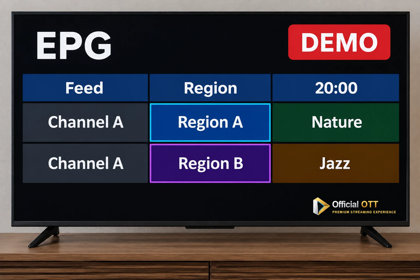 Téléviseur comparant la chaîne A de deux régions à 20 h : Nature pour la région A, Jazz pour la région B.