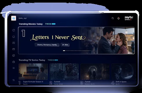 MYTVOnline 4 home presentation with movie and series rows.