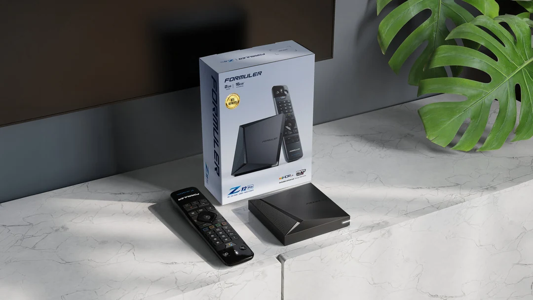 Formuler Z12 Pro, remote and retail box on a cabinet.