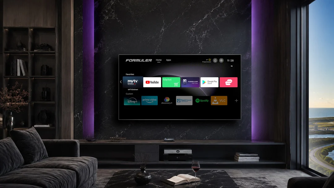 Living-room television showing the Android launcher of a Formuler Z12 Pro.