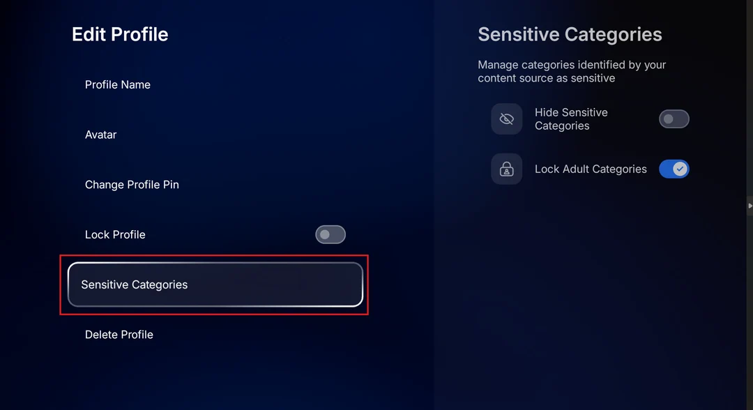 Edit Profile screen with Sensitive Categories outlined.