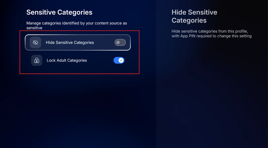 Sensitive Categories settings showing Hide Sensitive Categories and Lock Adult Categories.