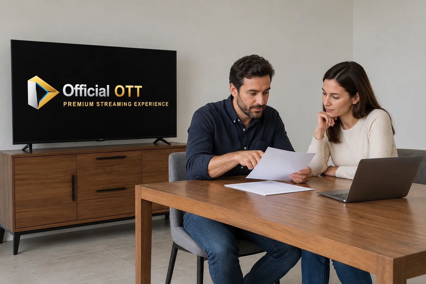 Deux adultes examinent des feuilles près d’un téléviseur affichant le logo OfficialOTT ; le dos de l’ordinateur portable reste uni.