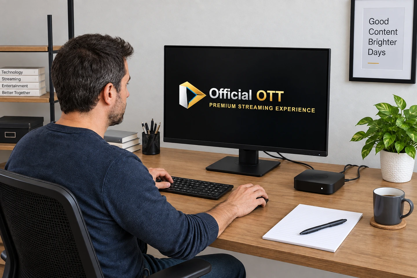 Un adulte devant un moniteur affichant le logo OfficialOTT, avec un boîtier multimédia, un clavier et un carnet sur le bureau.