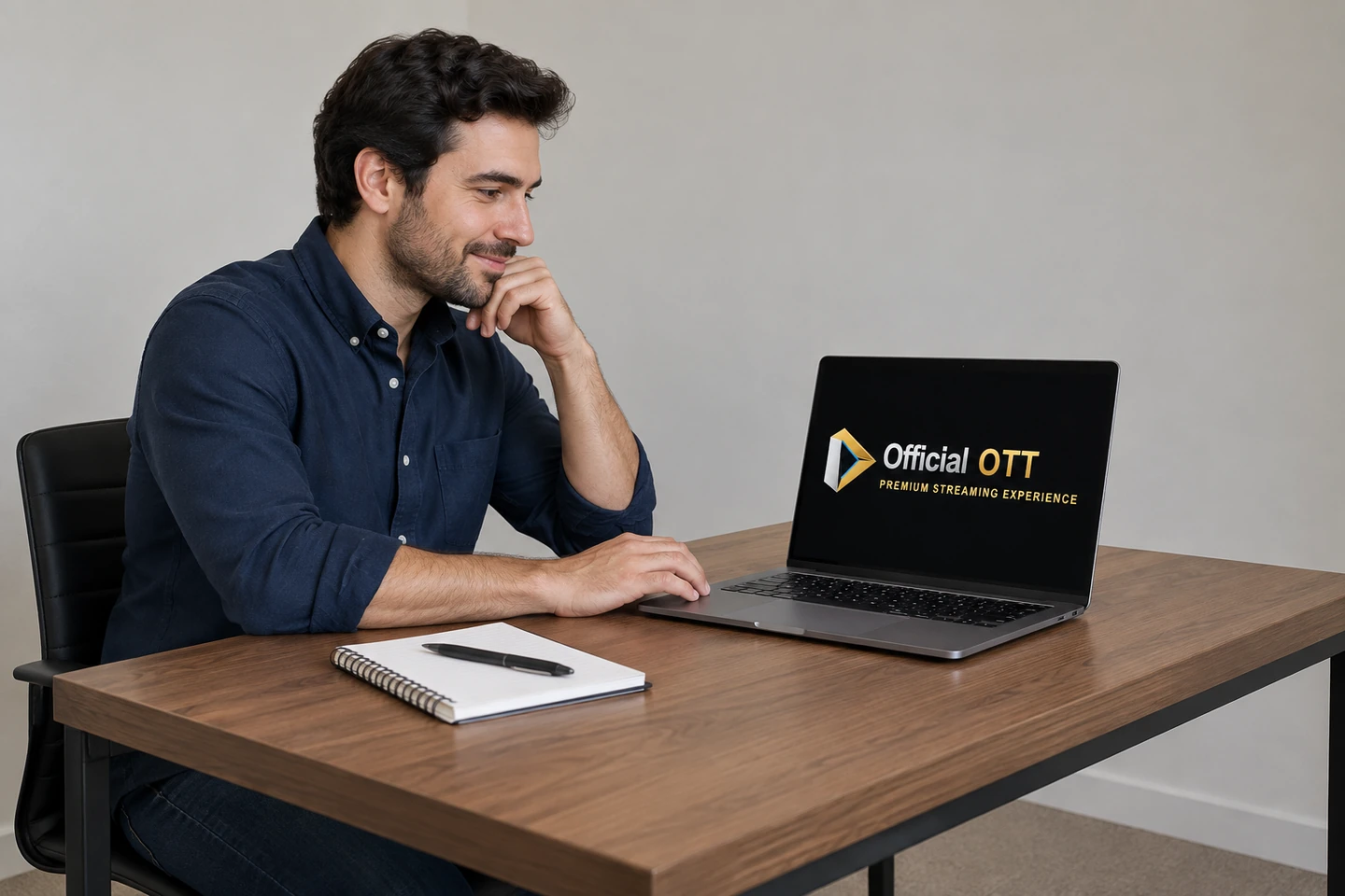 Un adulte devant un ordinateur portable dont l’écran affiche le logo OfficialOTT, avec un carnet sur la table.
