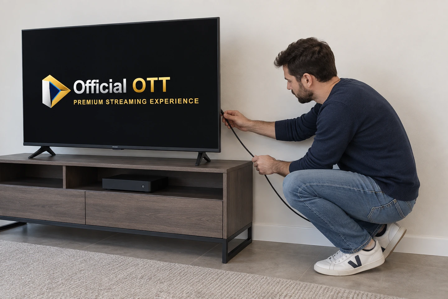 Un adulte inspecte un câble sur le côté d’un téléviseur affichant le logo OfficialOTT, près d’un boîtier multimédia.