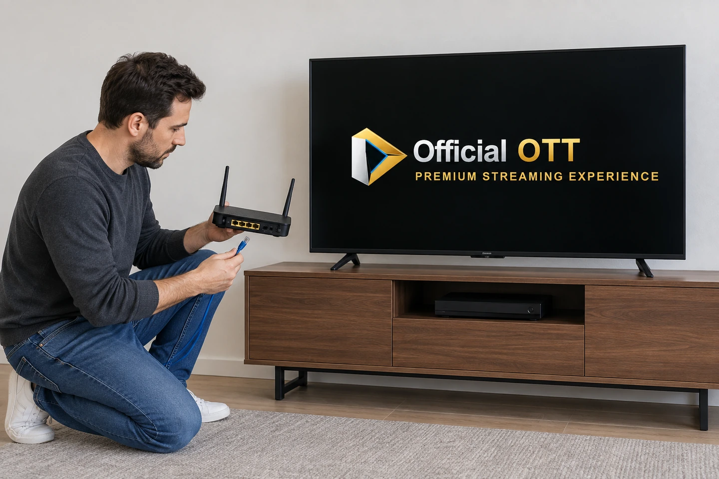 Un adulte examine un routeur et une fiche Ethernet près d’un téléviseur affichant le logo OfficialOTT.