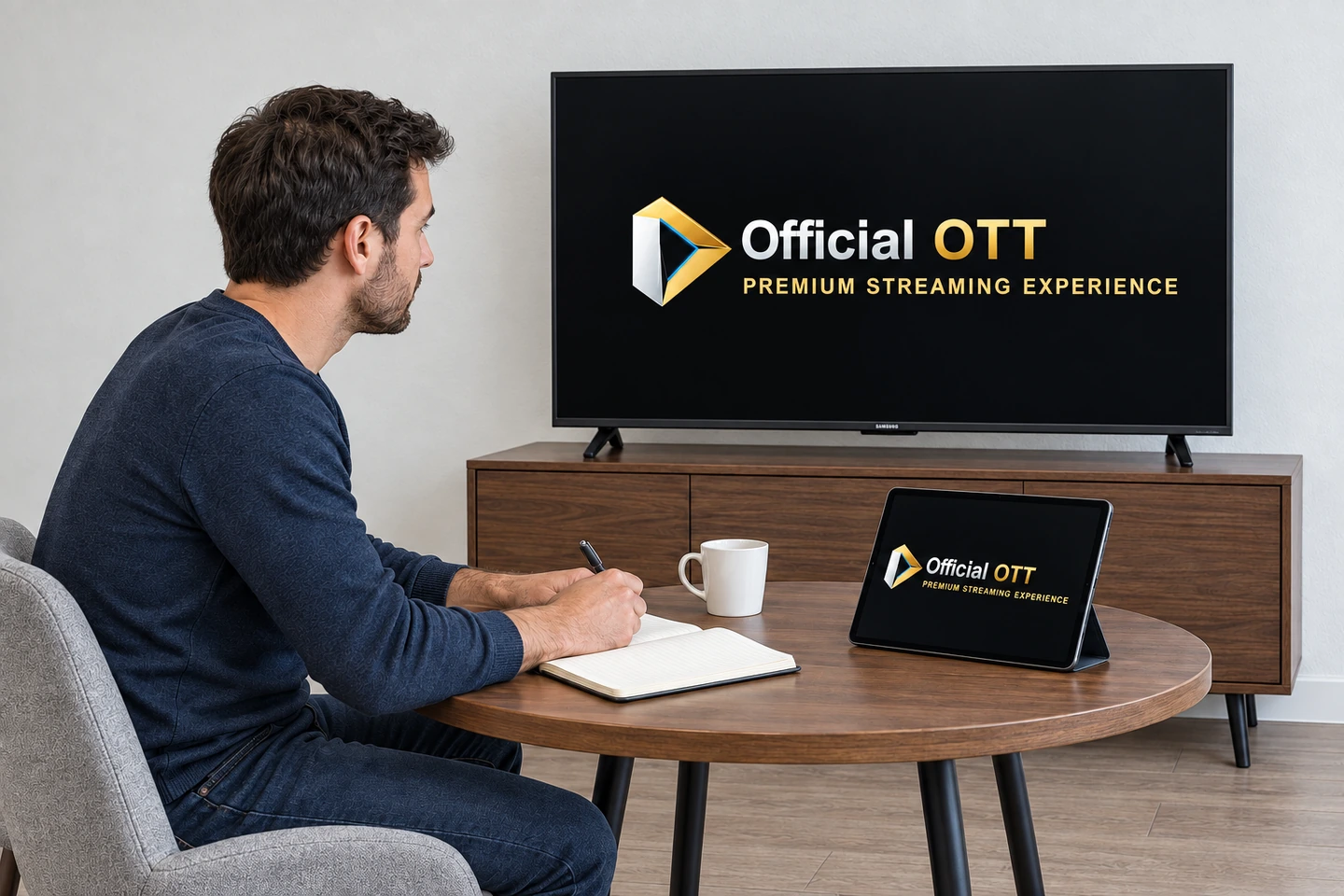 Un adulte prend des notes près d’une tablette sur support et d’un téléviseur affichant le logo OfficialOTT.