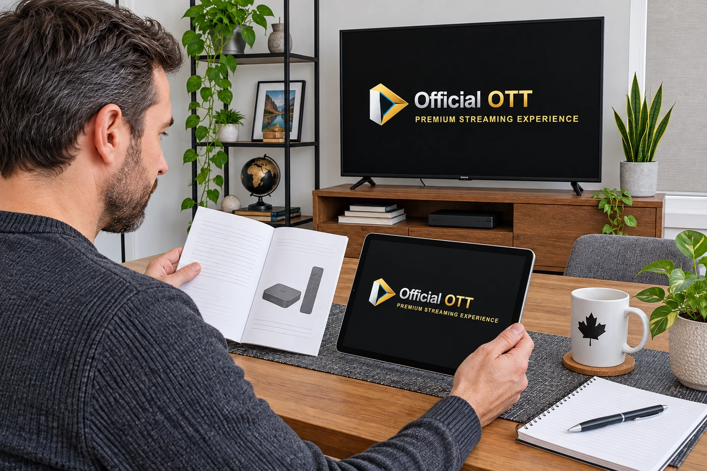 Un adulte compare un manuel imprimé et une tablette ; les écrans de la tablette et du téléviseur affichent le logo OfficialOTT.