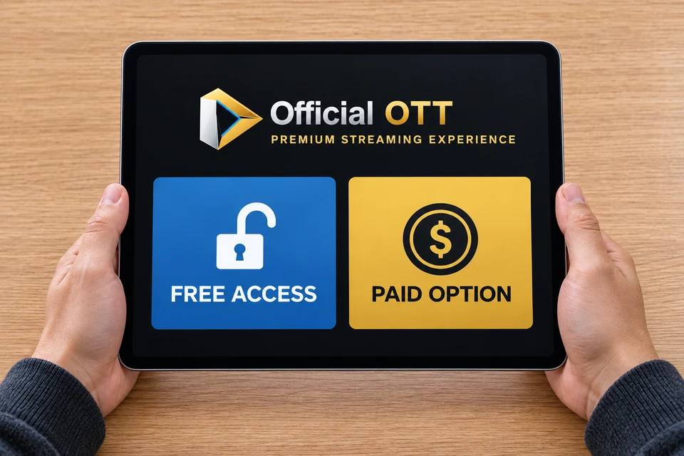 Conceptual illustration: a tablet separates free access from a paid option, without representing an actual offer.