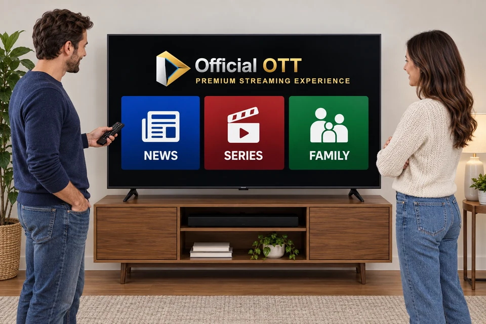 Conceptual illustration: two people choose news, series or family programmes on a TV displaying the OfficialOTT logo.