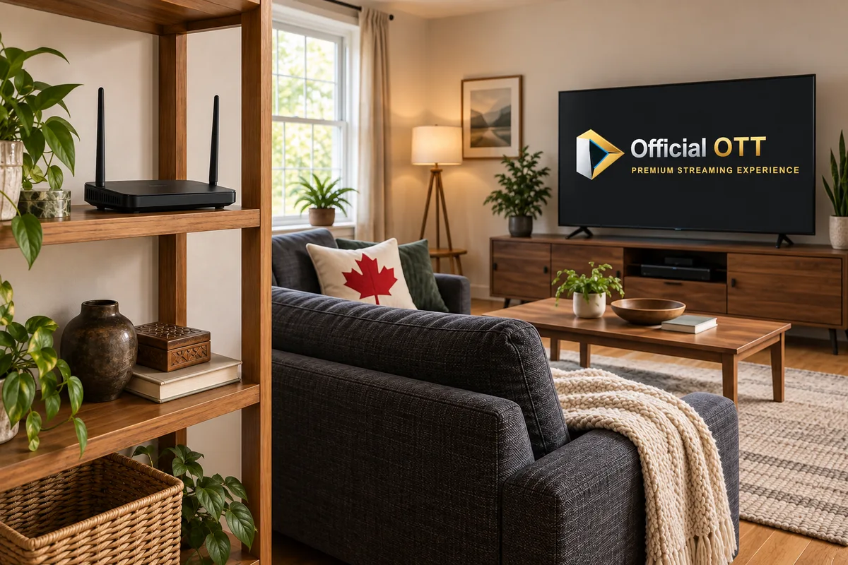 Open shelf with a router, full television showing the OfficialOTT logo, and red maple leaf cushion in a Canadian living room.