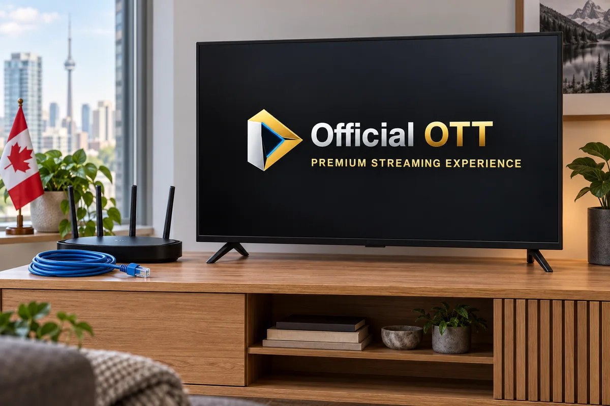 Blue Ethernet cable ready for a comparison test, router and full television with OfficialOTT logo beside a Canadian flag.