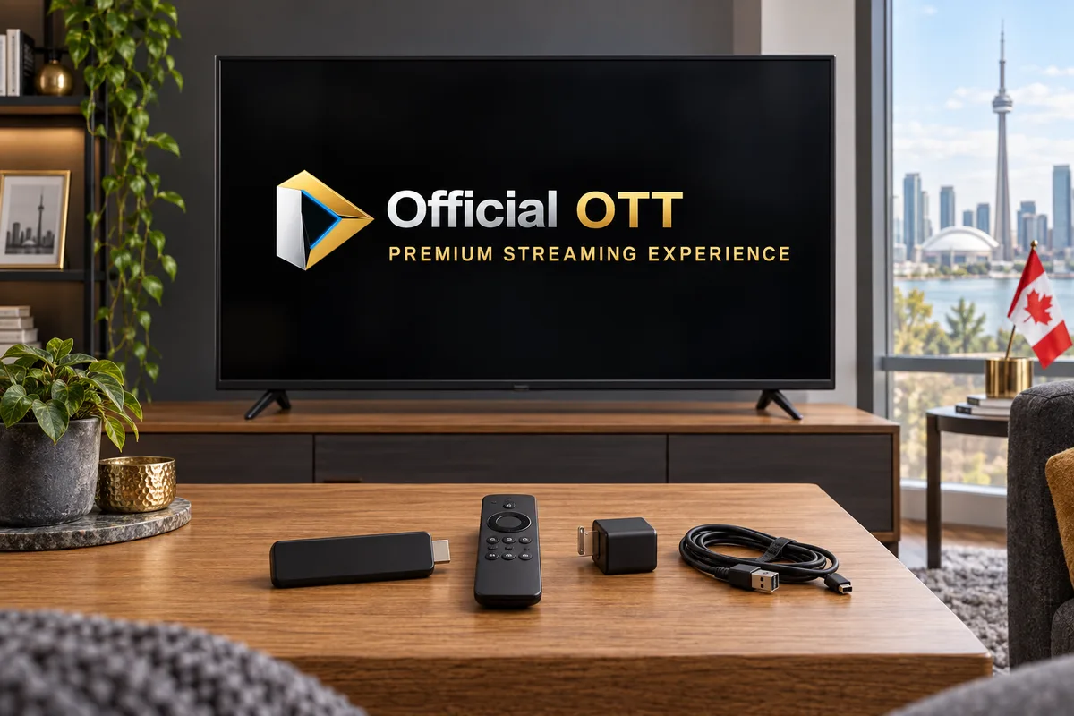 Téléviseur entier avec le logo OfficialOTT, matériel de diffusion prêt à installer, drapeau canadien et panorama de Toronto.