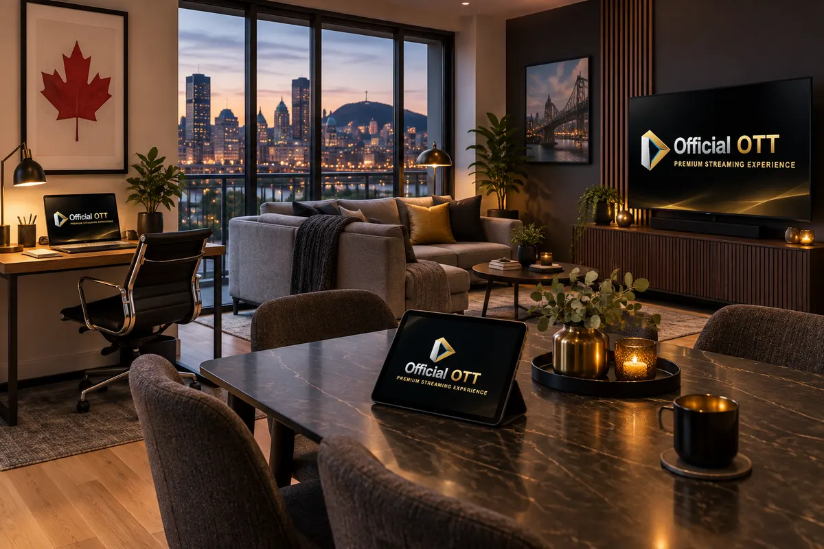 Téléviseur, ordinateur portable et tablette OfficialOTT répartis dans un salon canadien.