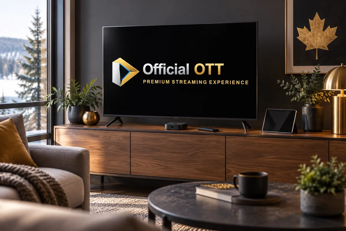 OfficialOTT television, small streaming box, remote and tablet on a media cabinet.