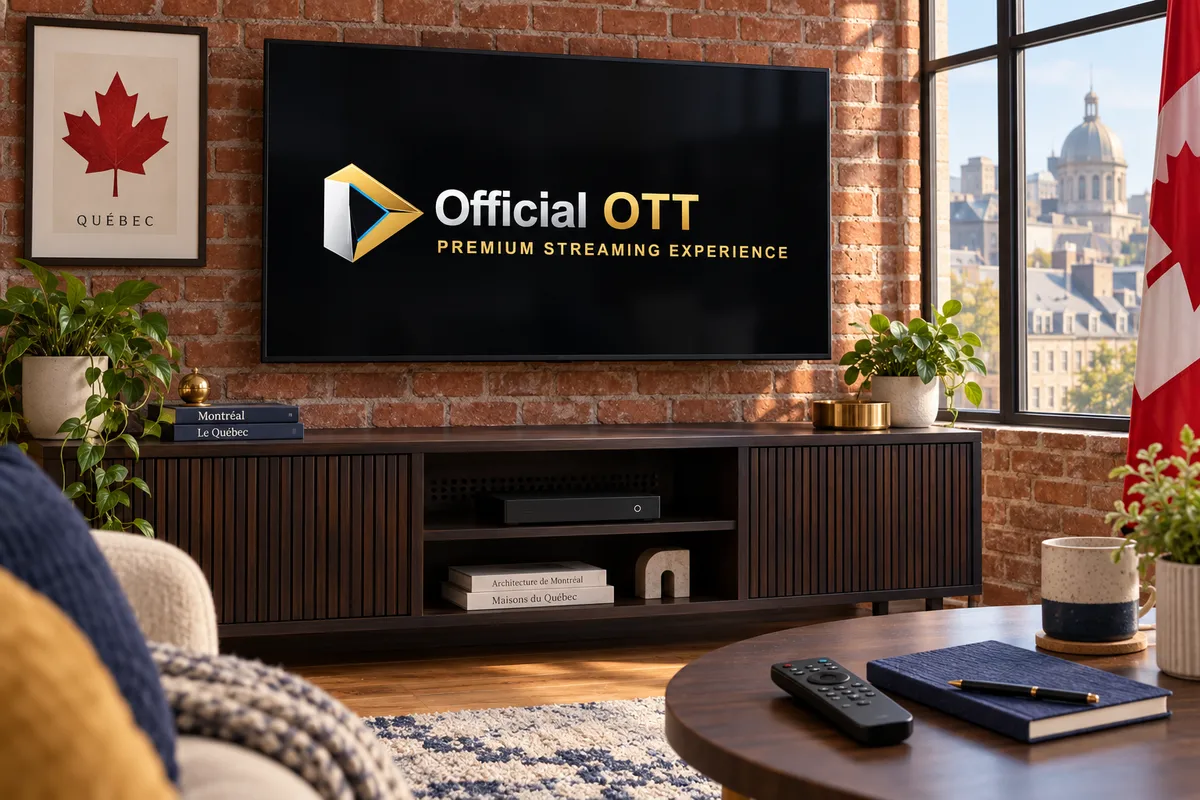 Complete OfficialOTT television and player in a Montreal-inspired home, with maple leaf and Canadian flag.