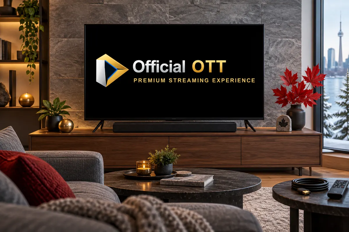 Complete OfficialOTT television with a soundbar, HDMI cable and remote nearby.