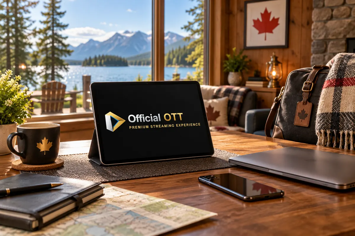 Tablette OfficialOTT sur une table de chalet canadien, avec sac de voyage et vue sur un lac.