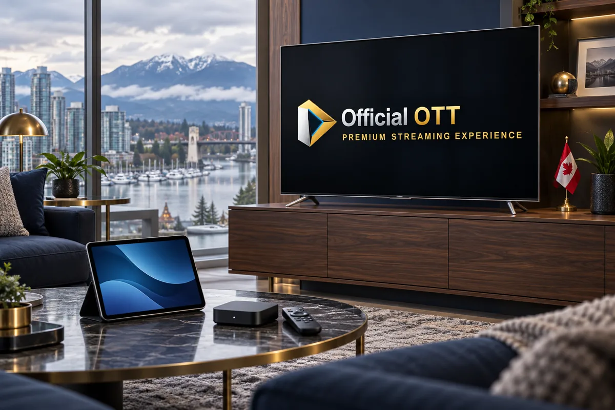 Téléviseur OfficialOTT entier, tablette et lecteur dans un salon canadien au bord de l’eau.