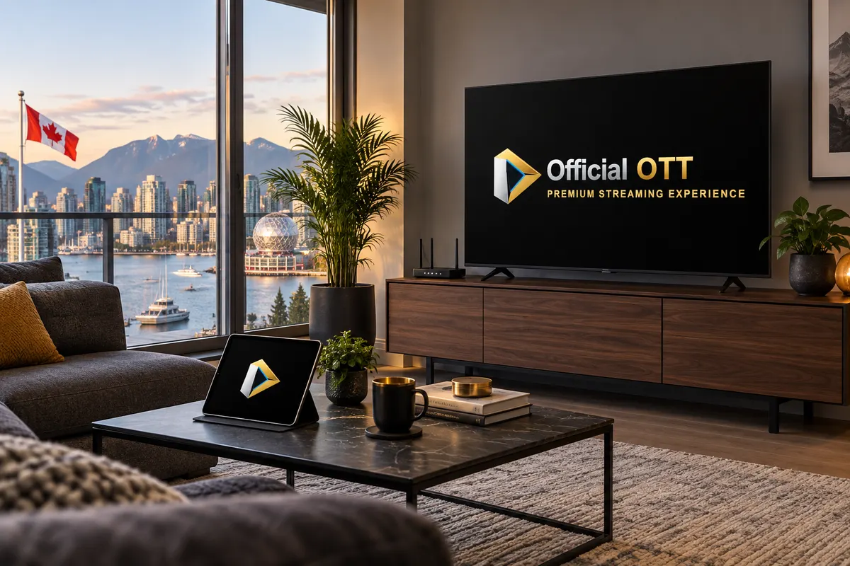 Téléviseur OfficialOTT et tablette dans un salon avec routeur et vue sur Vancouver.