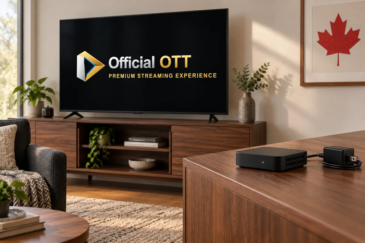 Unobstructed streaming player and power adapter, complete television with OfficialOTT logo and a red maple leaf in the room.