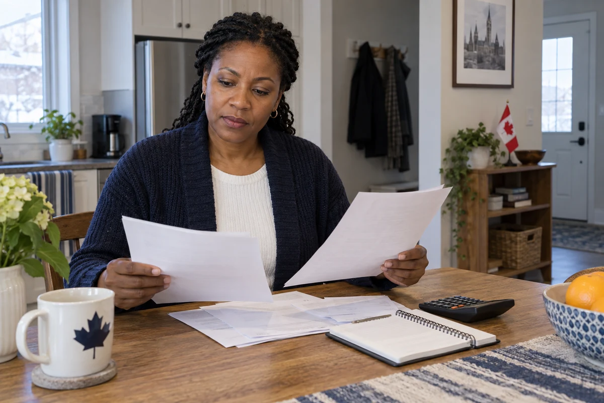 Une femme examine des documents à une table, avec un carnet et une calculatrice.
